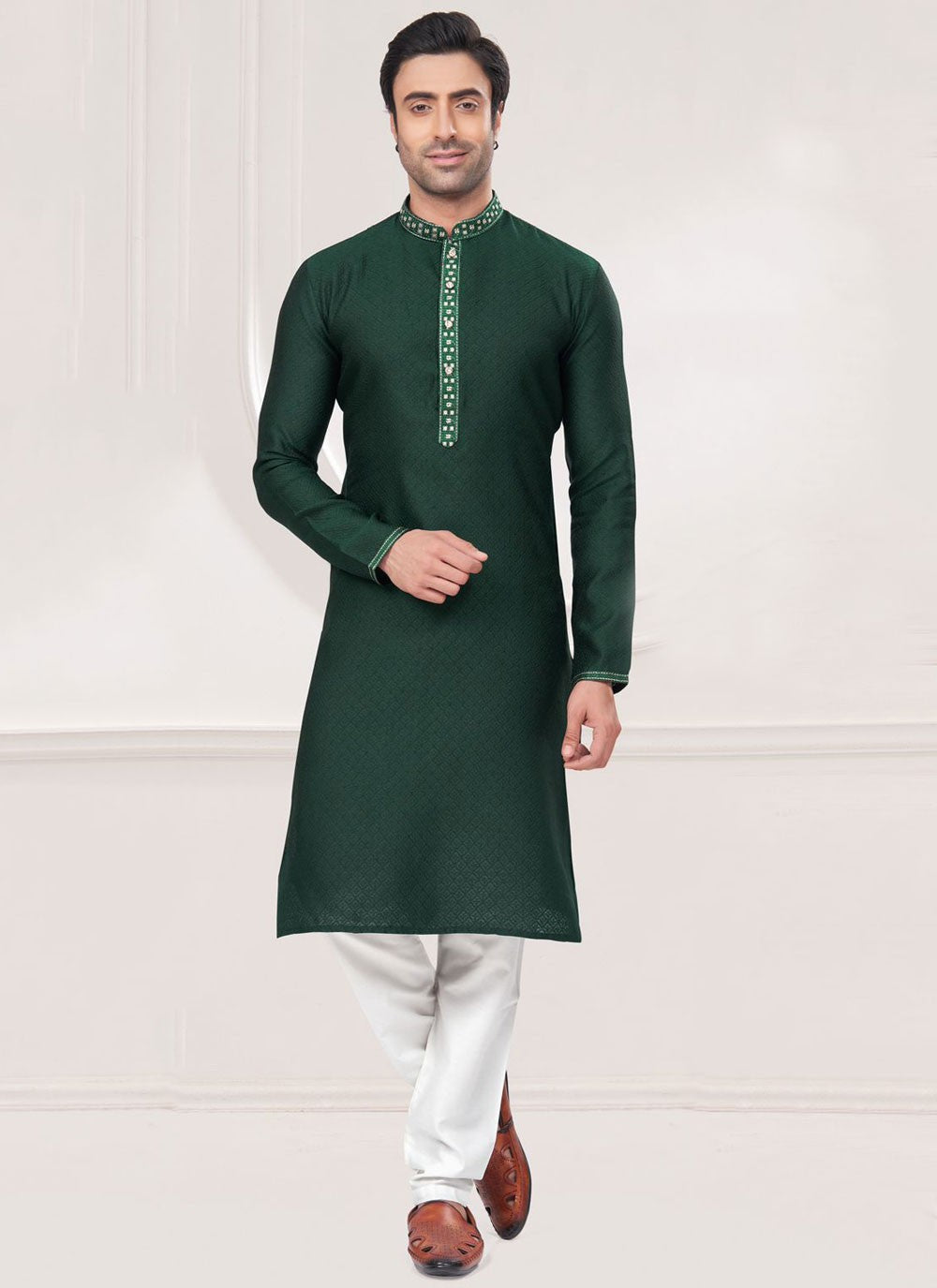 Embroidered Jacquard Silk Green Kurta Pyjama - M7361