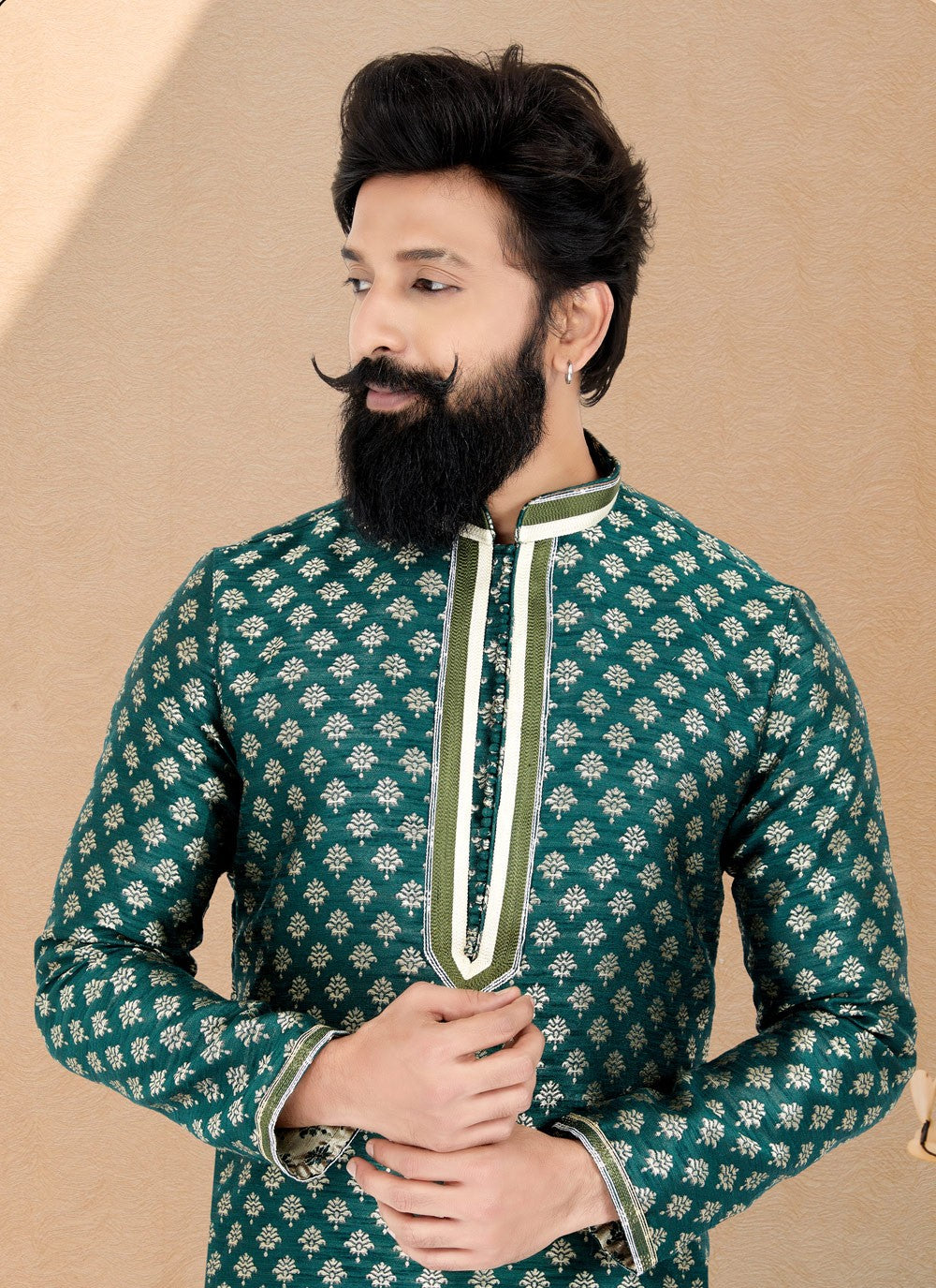 Jacquard Work Jacquard Silk Green Kurta Pyjama - M4940