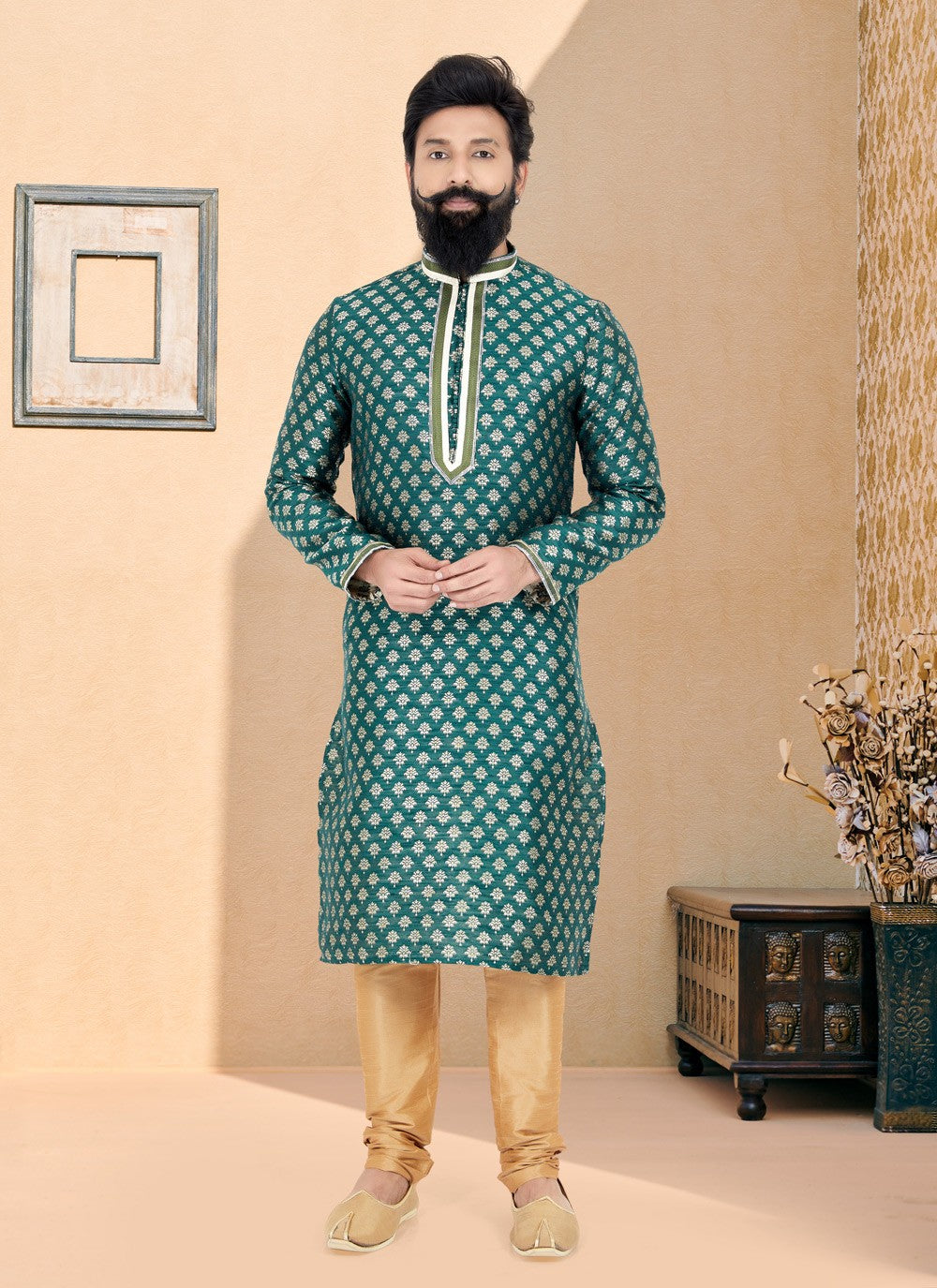 Jacquard Work Jacquard Silk Green Kurta Pyjama - M4940