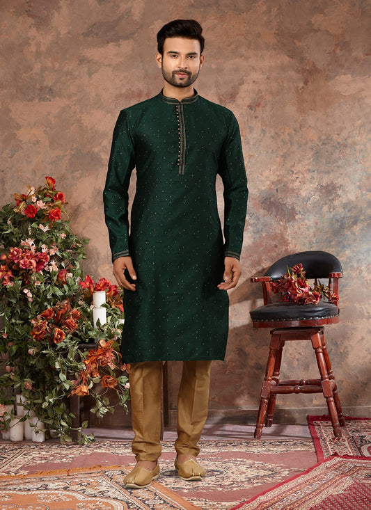 Thread Jacquard Silk Green Kurta Pyjama - M3008