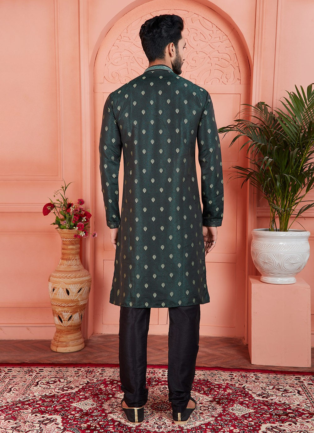 Pintex Brocade, Jacquard Silk Green Kurta Pyjama - M7758