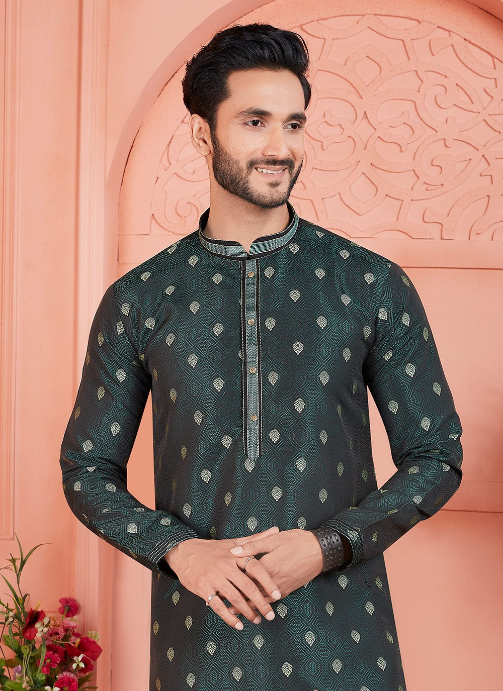 Pintex Brocade, Jacquard Silk Green Kurta Pyjama - M7758