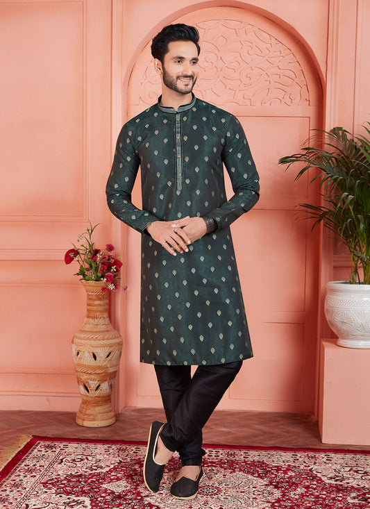 Pintex Brocade, Jacquard Silk Green Kurta Pyjama - M7758