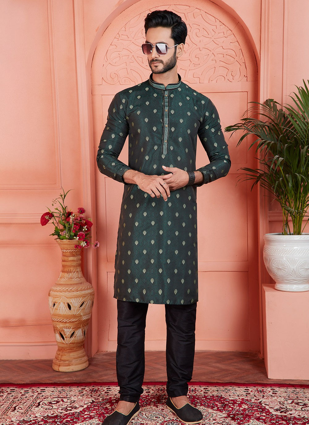 Pintex Brocade, Jacquard Silk Green Kurta Pyjama - M7758