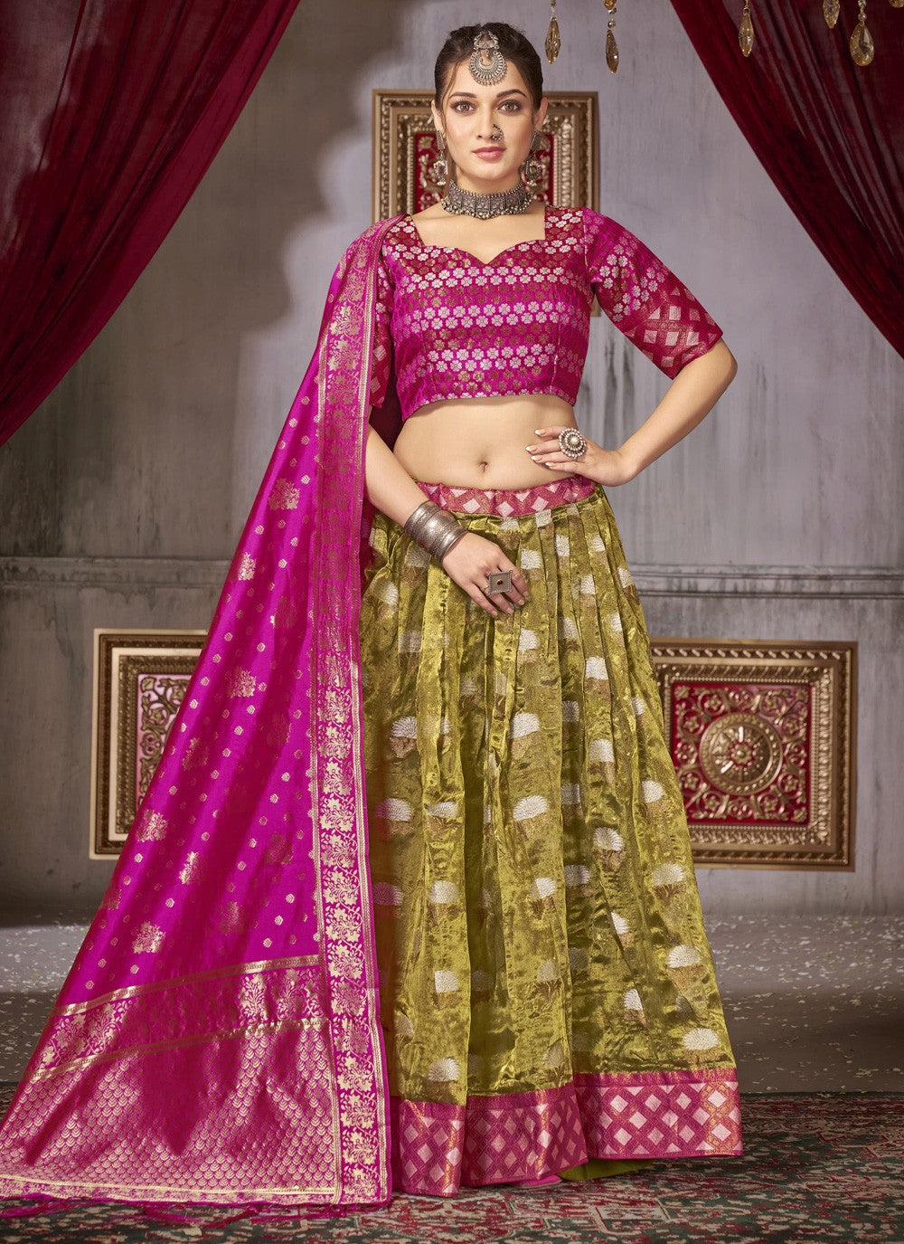 Weaving Zari Jacquard Silk A - Line Lehenga - L1241