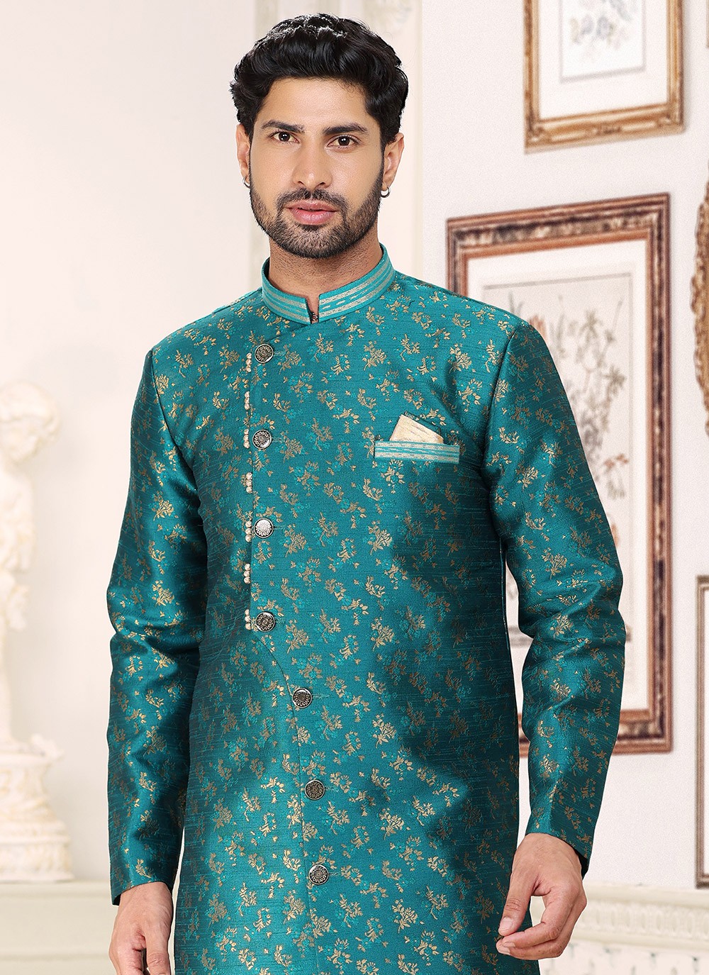 Jacquard Work Banarasi Jacquard Green Indo Western - M5286