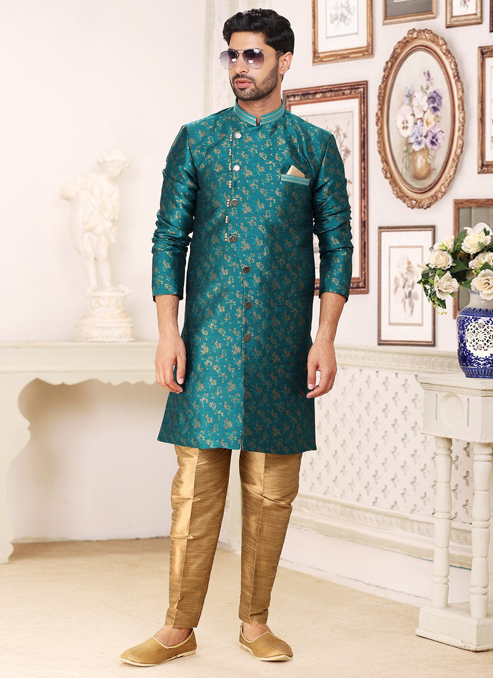 Jacquard Work Banarasi Jacquard Green Indo Western - M5286