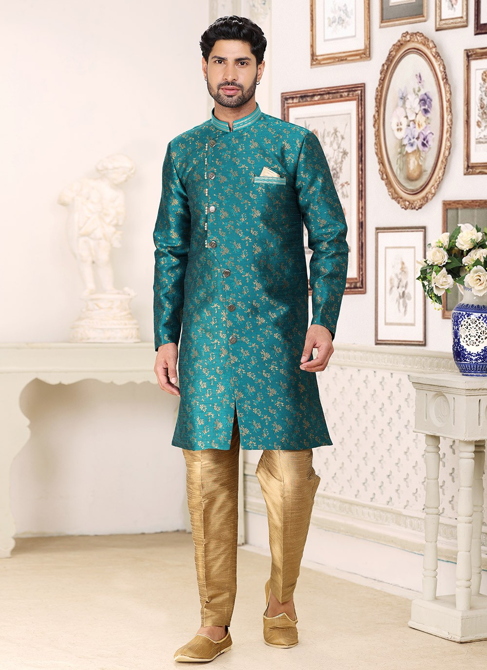 Jacquard Work Banarasi Jacquard Green Indo Western - M5286