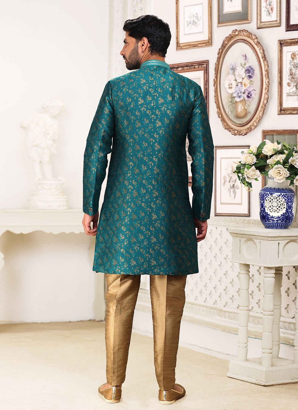 Jacquard Work Banarasi Jacquard Green Indo Western - M5286