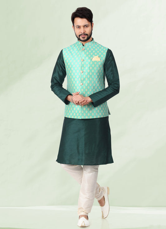 Jacquard Work Banarasi Silk, Jacquard Green Kurta Payjama With Jacket - M4873