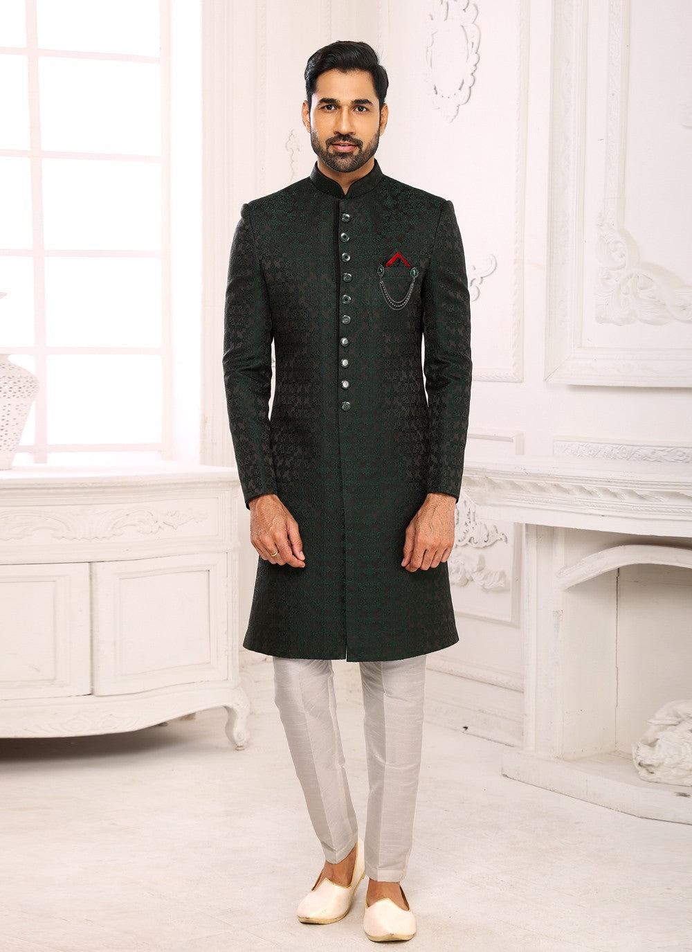 Jacquard Work Imported Green Indo Western Sherwani - M4000