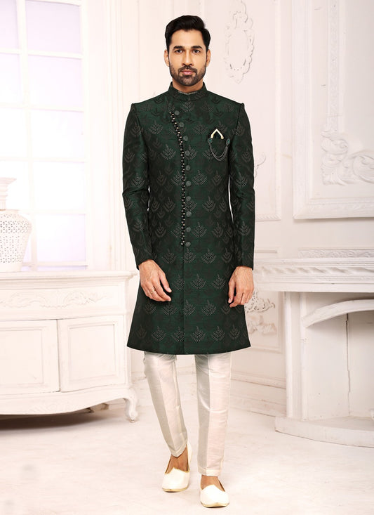 Jacquard Work Imported Green Indo Western Sherwani - M3982