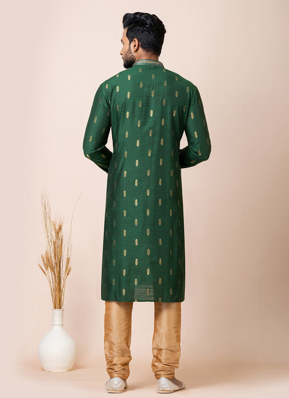 Jacquard Work Cotton Green Kurta Pyjama - M7510