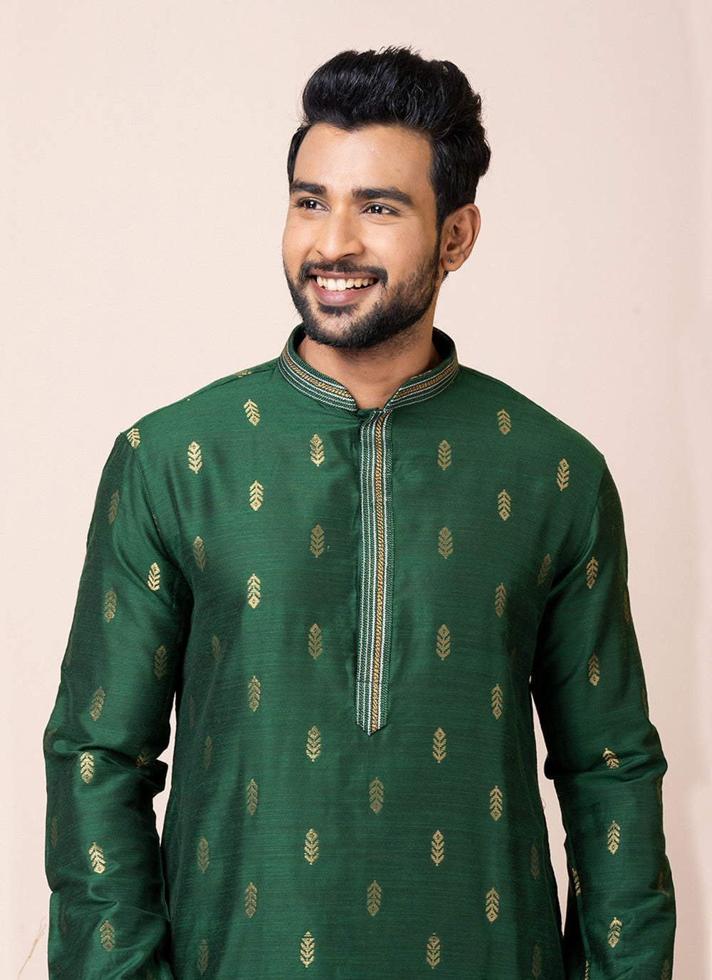 Jacquard Work Cotton Green Kurta Pyjama - M7510