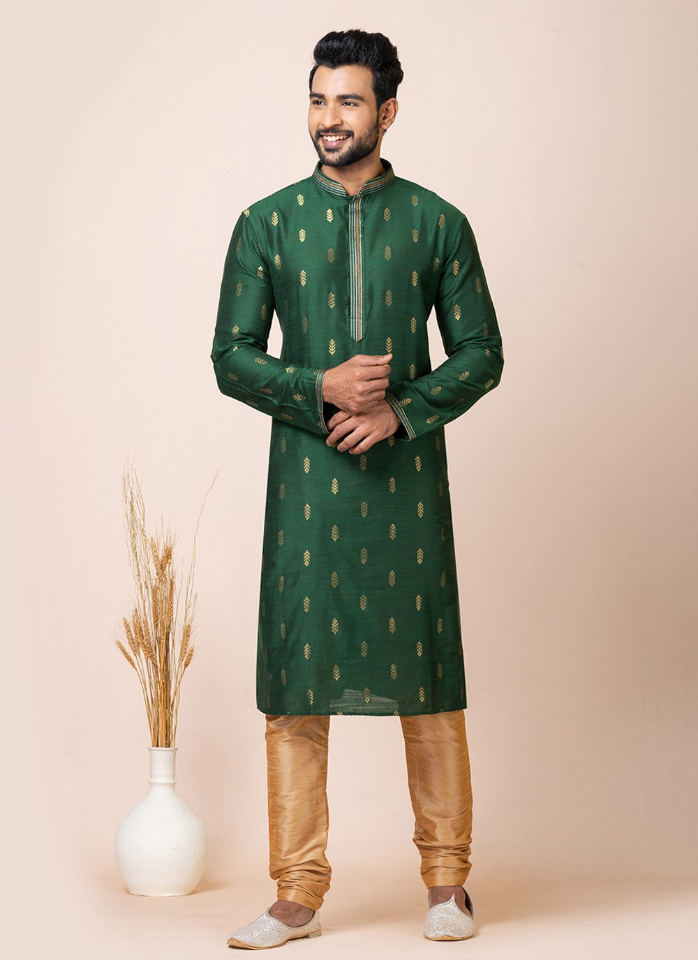 Jacquard Work Cotton Green Kurta Pyjama - M7510