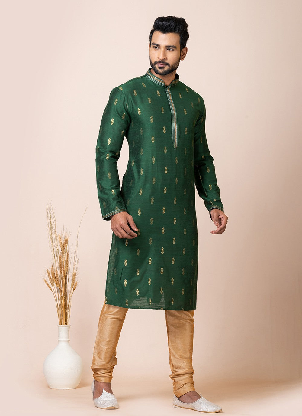 Jacquard Work Cotton Green Kurta Pyjama - M7510