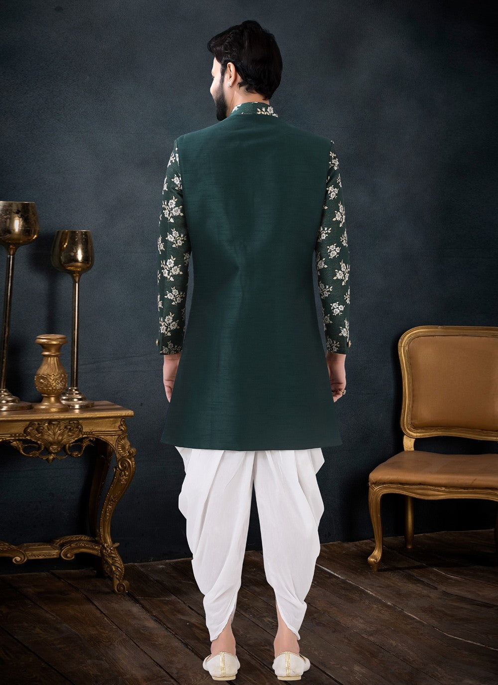 Jacquard Work Jacquard, Silk Green Indo Western Sherwani - M4434