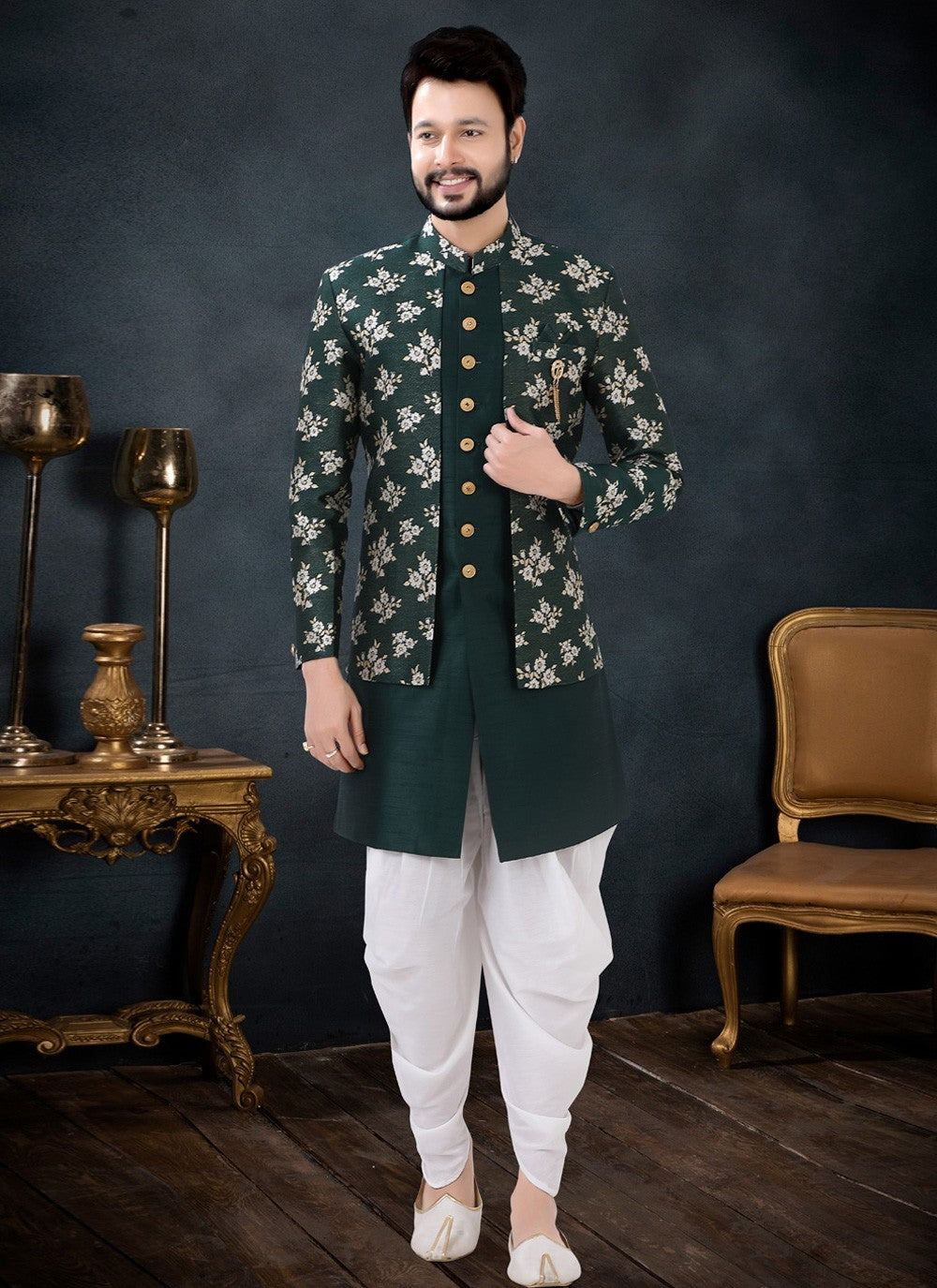 Jacquard Work Jacquard, Silk Green Indo Western Sherwani - M4434