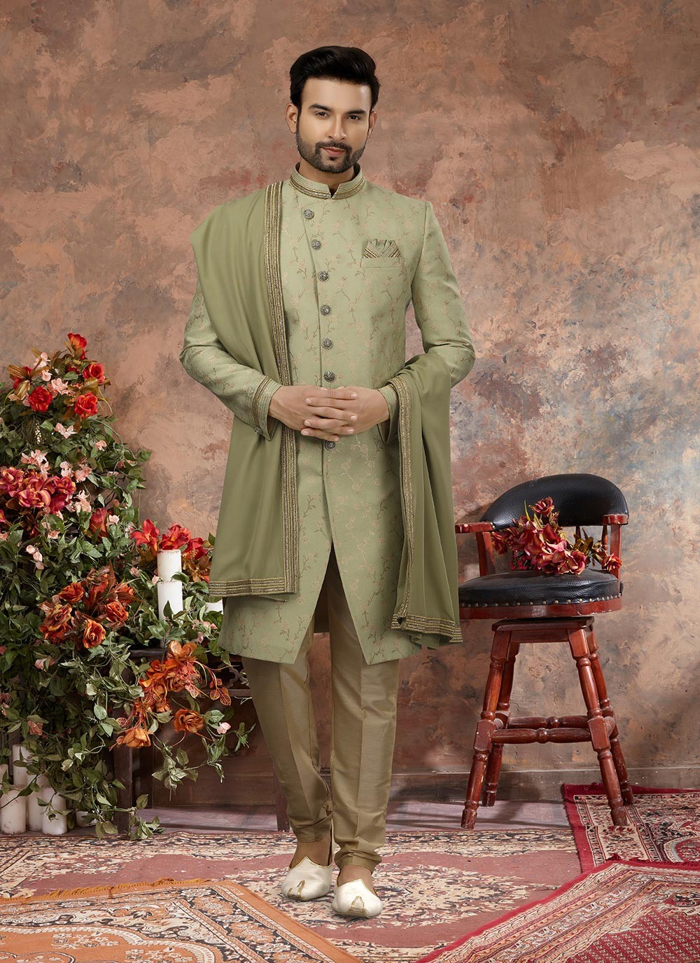 Zari Jacquard Green Indo Western Sherwani - M2917