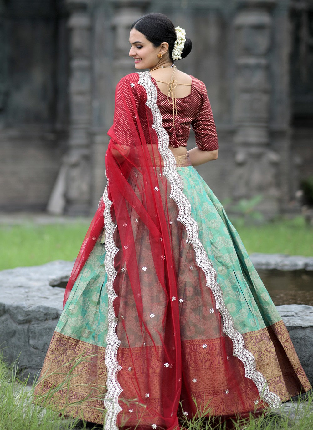 Weaving Zari Kanjivaram Silk A - Line Lehenga - L1063