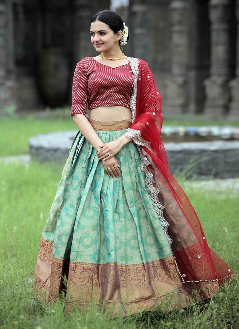 Weaving Zari Kanjivaram Silk A - Line Lehenga - L1063