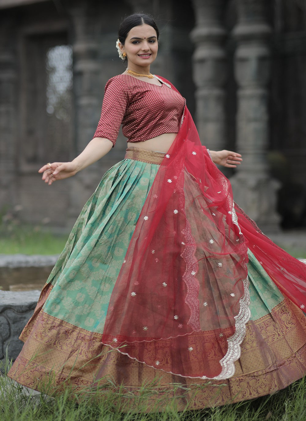 Weaving Zari Kanjivaram Silk A - Line Lehenga - L1063