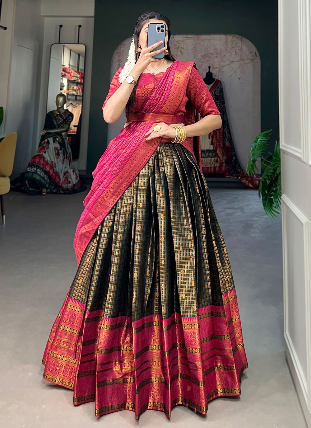 Weaving Zari Jacquard Silk A - Line Lehenga - L1663