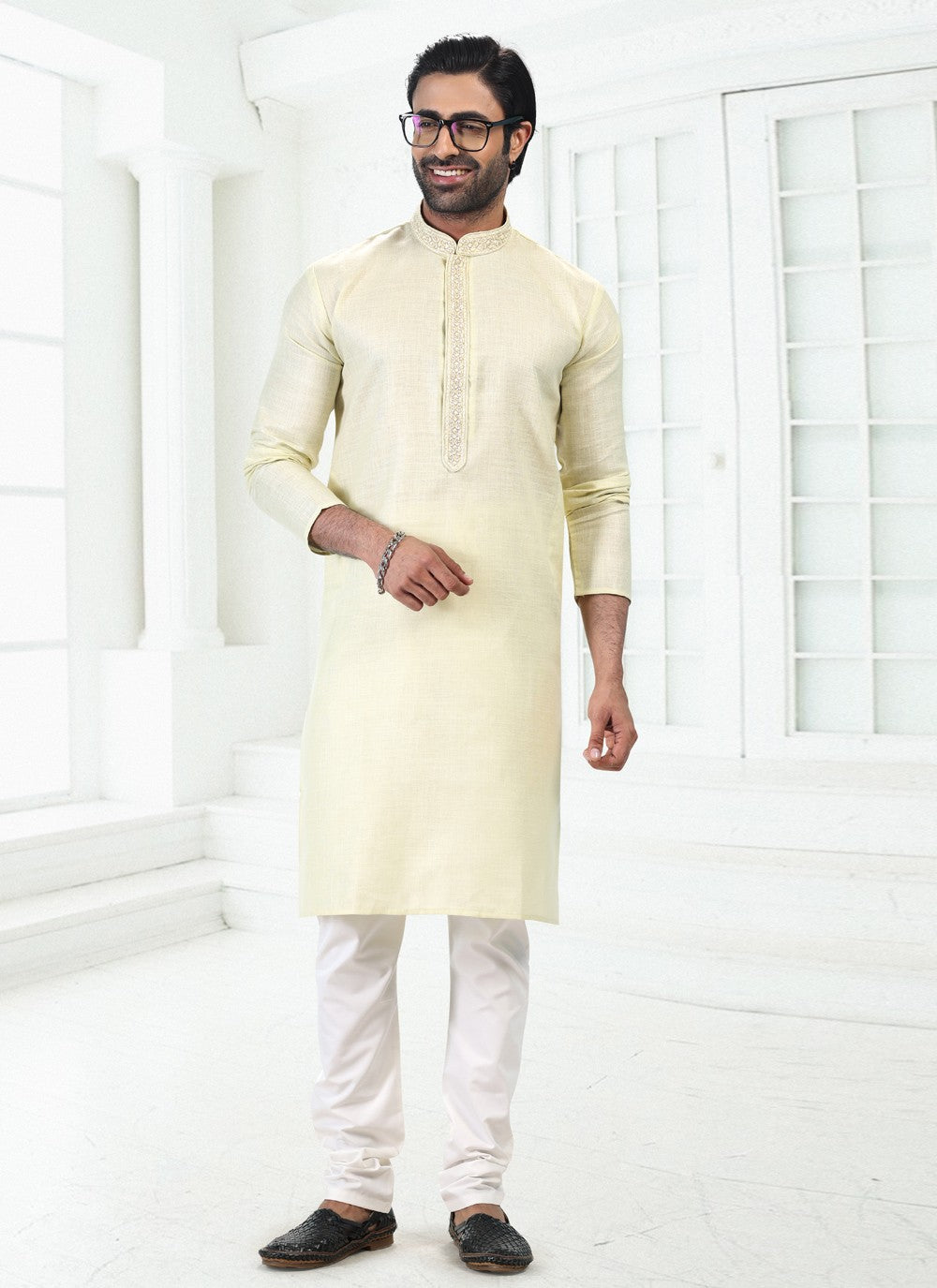 Thread Cotton , Linen Green Kurta Pyjama - M4889