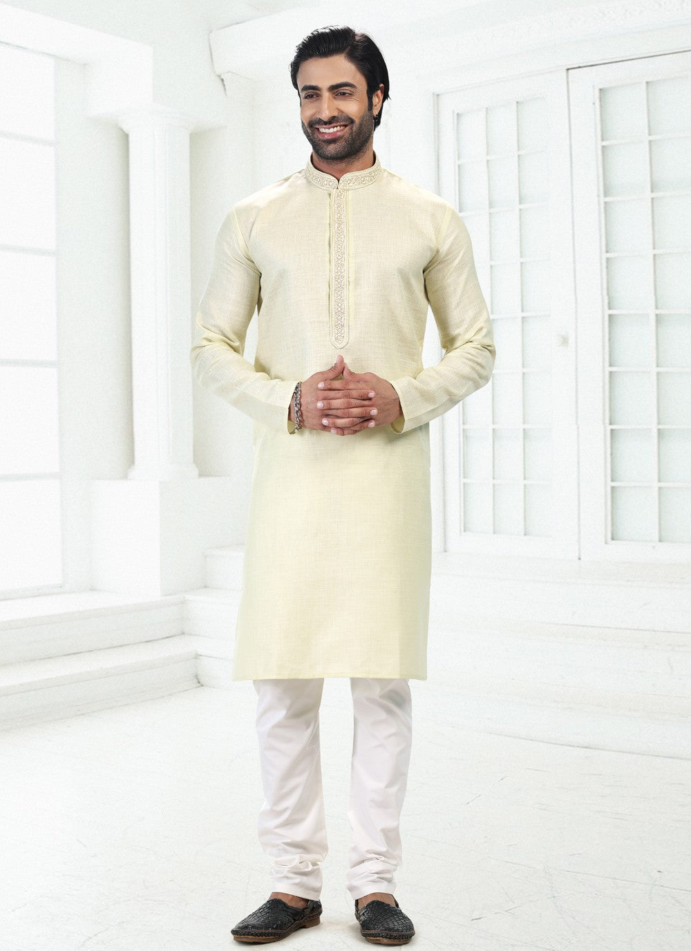 Thread Cotton , Linen Green Kurta Pyjama - M4889