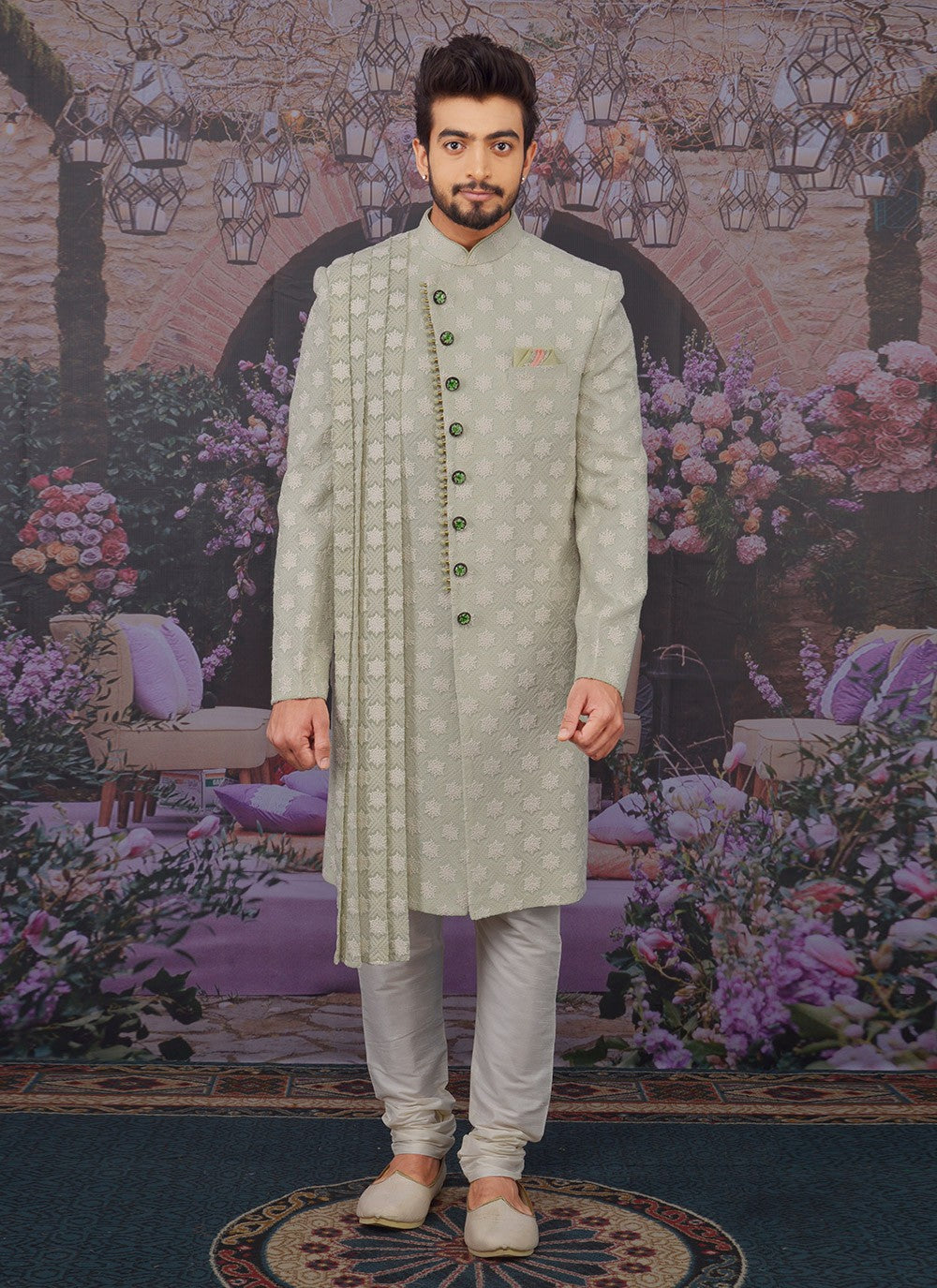 Embroidered Georgette, Lucknowi Green Sherwani - M3302