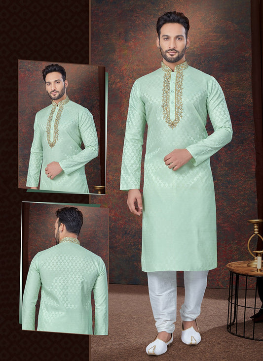 Machine Embroidery Jacquard Green Kurta Pyjama - M7599