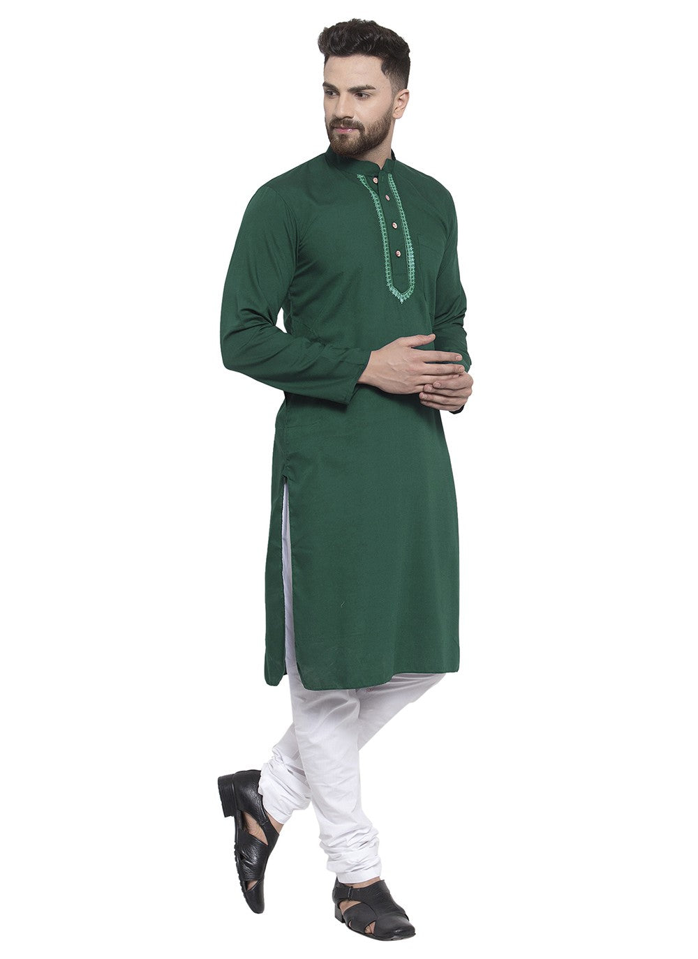 Machine Embroidery Blended Cotton Green Kurta Pyjama - M5665