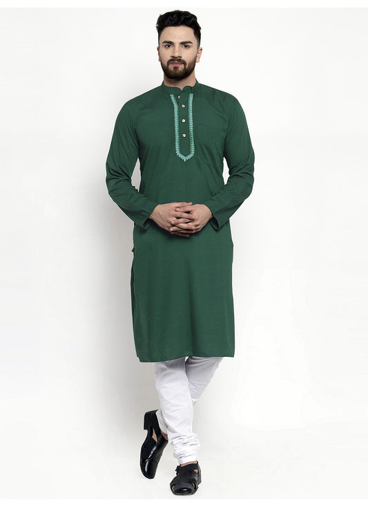 Machine Embroidery Blended Cotton Green Kurta Pyjama - M5665