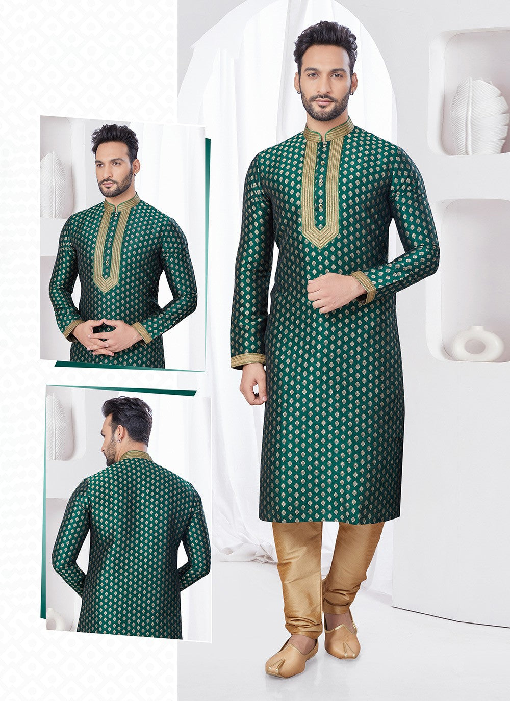 Machine Embroidery Jacquard Green Kurta Pyjama - M7548