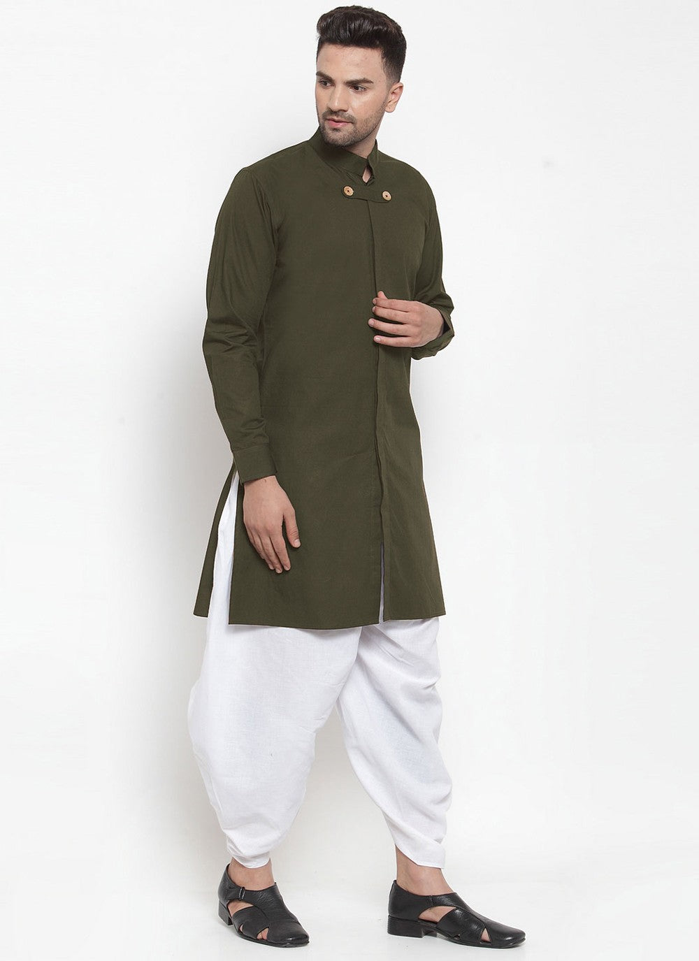 Plain Blended Cotton Green Dhoti Kurta - M4393