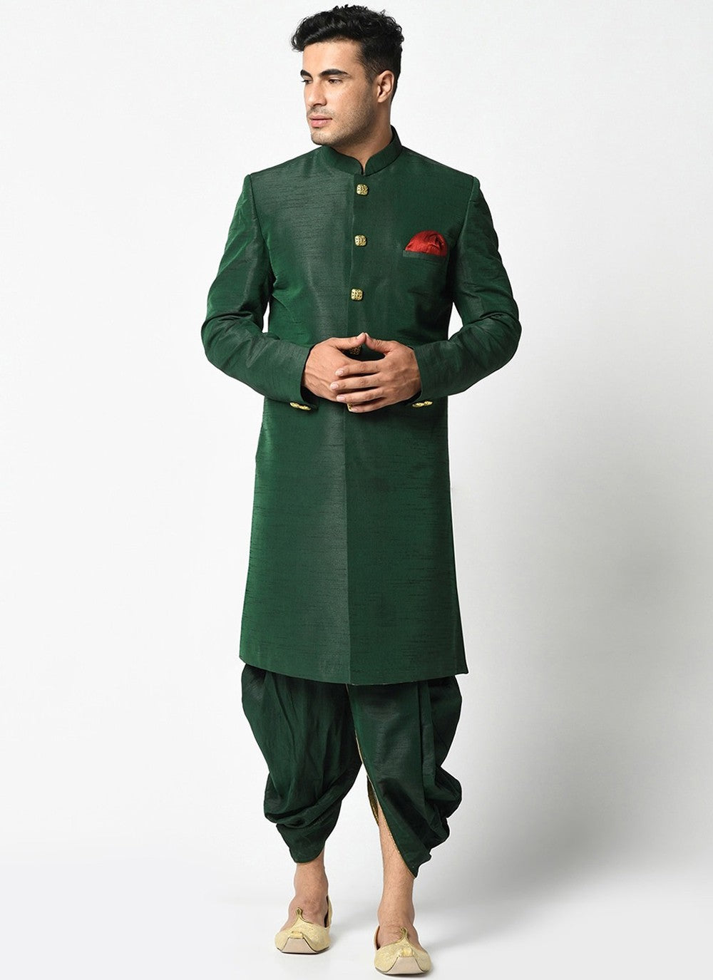 Buttons Dupion Silk Green Indo Western - M2401