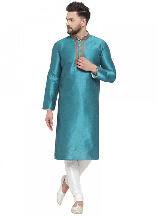 Embroidered Art Dupion Silk Green Kurta Pyjama - M1397