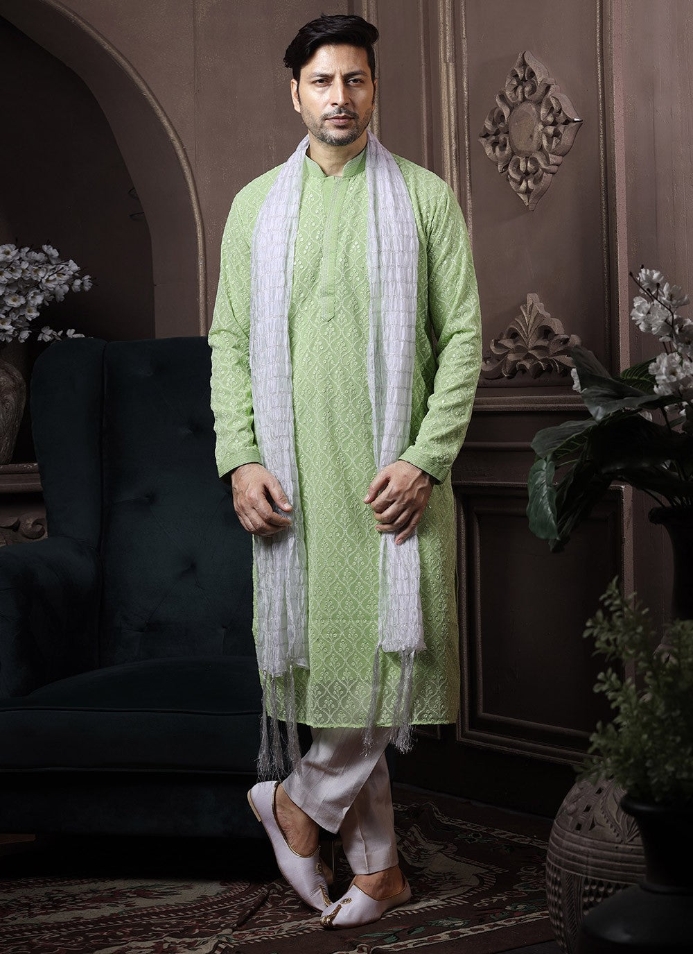 Embroidered Georgette, Lucknowi Green Kurta Pyjama - M3645