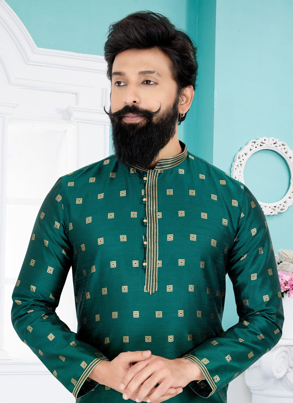 Jacquard Work Banarasi Silk, Jacquard Green Kurta Pyjama - M4937