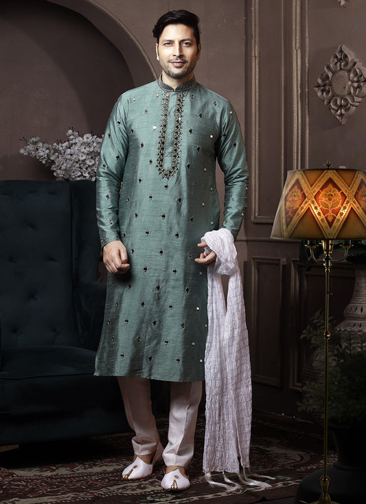 Embroidered Silk Green Kurta Pyjama - M3639