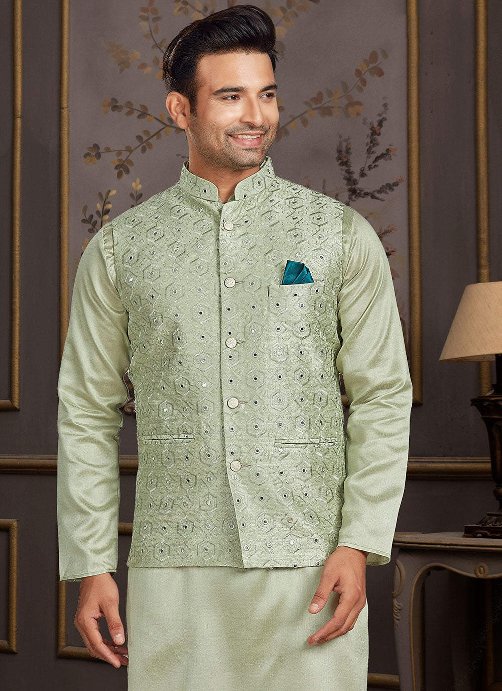 Mirror Silk Green Nehru Jackets - M3400