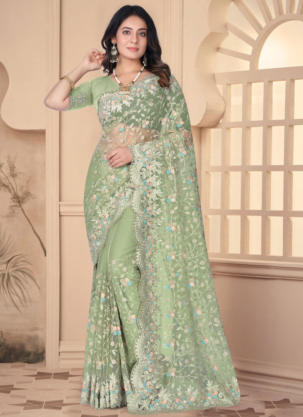 Classic Embroidered Net Saree - S6455