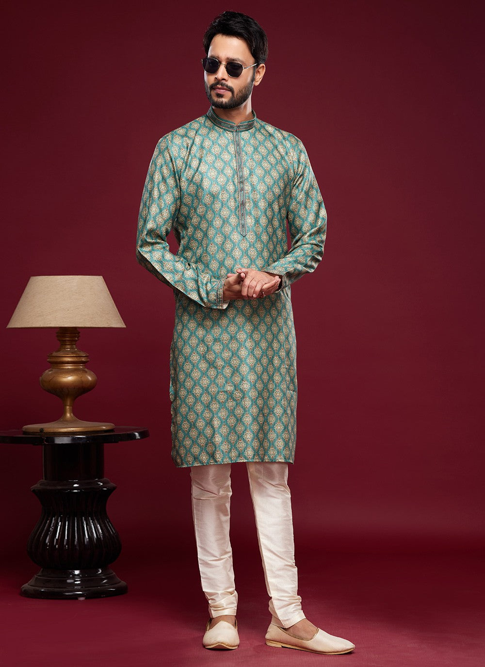 Digital Print Art Silk Green Kurta Pyjama - M6035