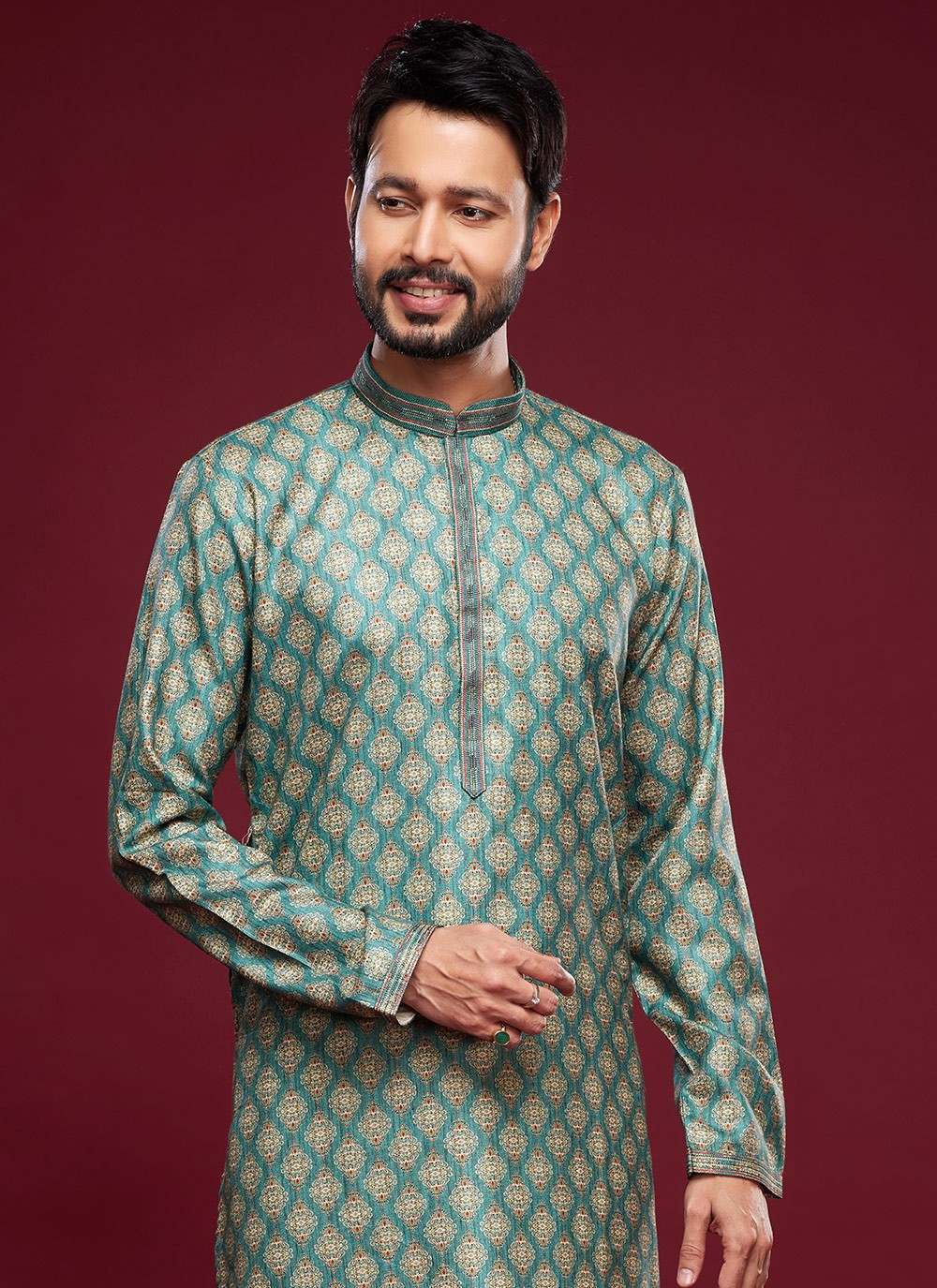 Digital Print Art Silk Green Kurta Pyjama - M6035