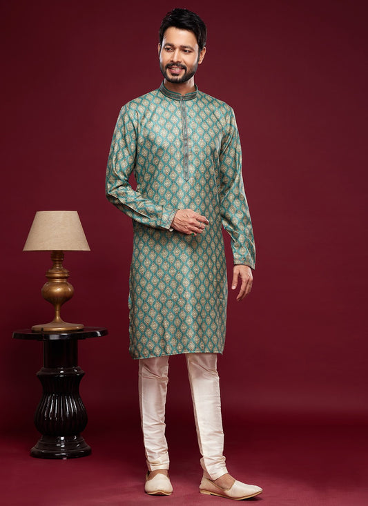 Digital Print Art Silk Green Kurta Pyjama - M6035