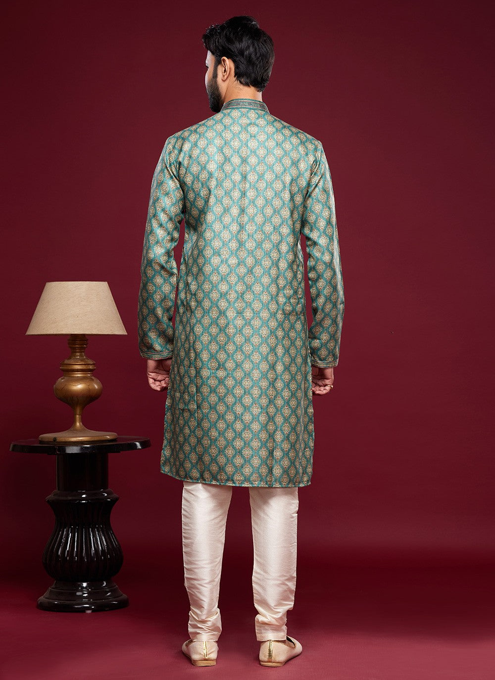 Digital Print Art Silk Green Kurta Pyjama - M6035