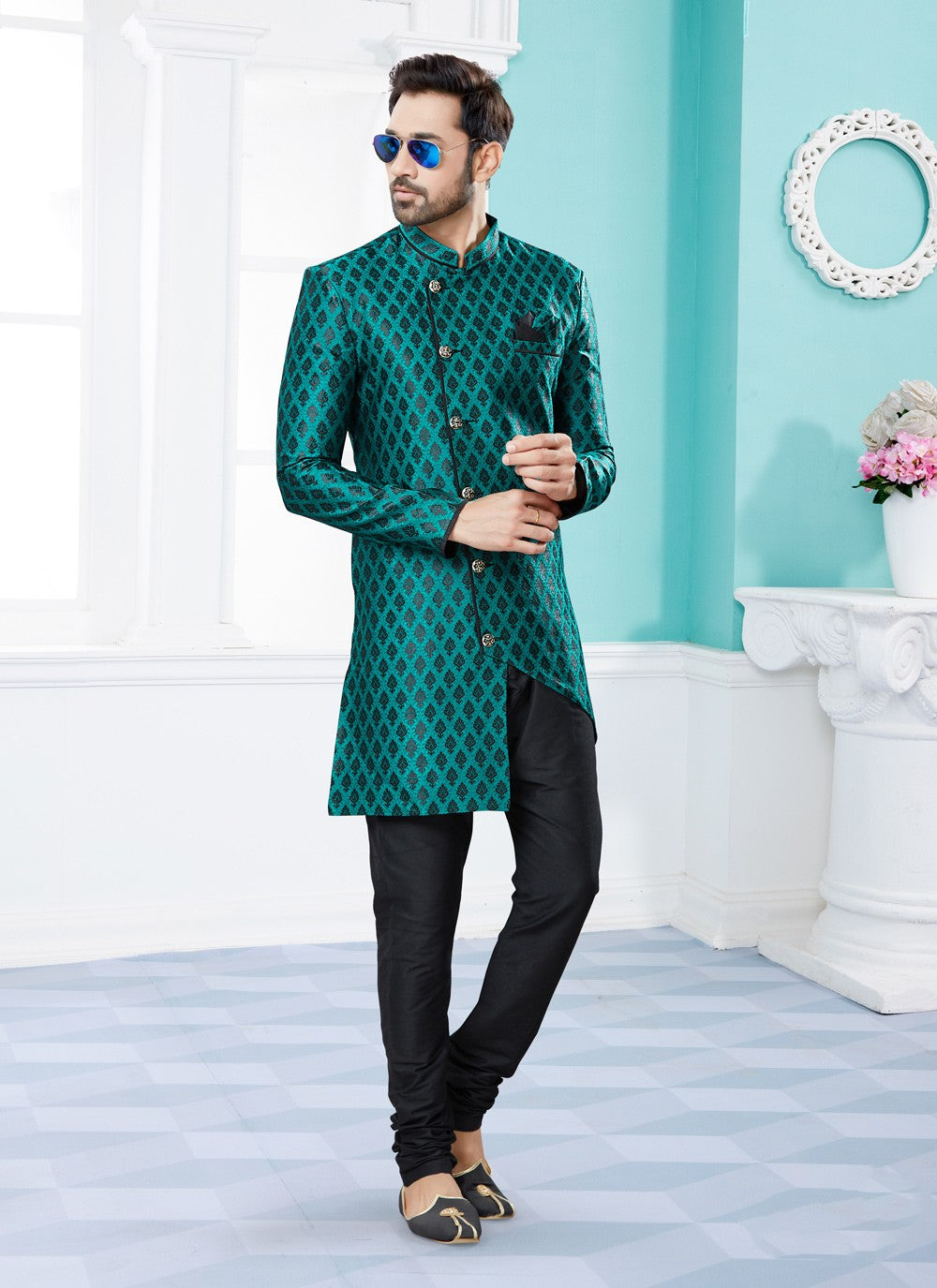 Embroidered Banarasi Jacquard Green Indo Western Sherwani - M3911