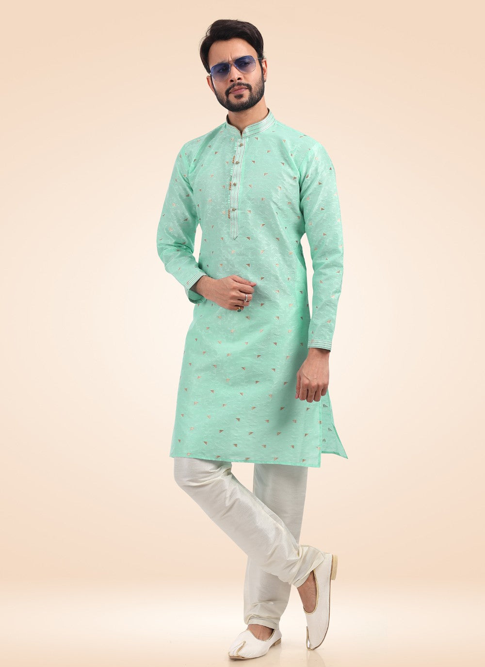 Fancy Work Banarasi Jacquard Green Kurta Pyjama - M4572