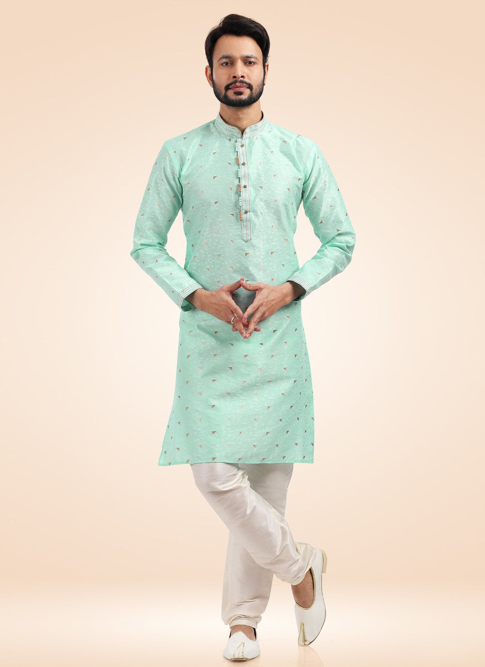 Fancy Work Banarasi Jacquard Green Kurta Pyjama - M4572