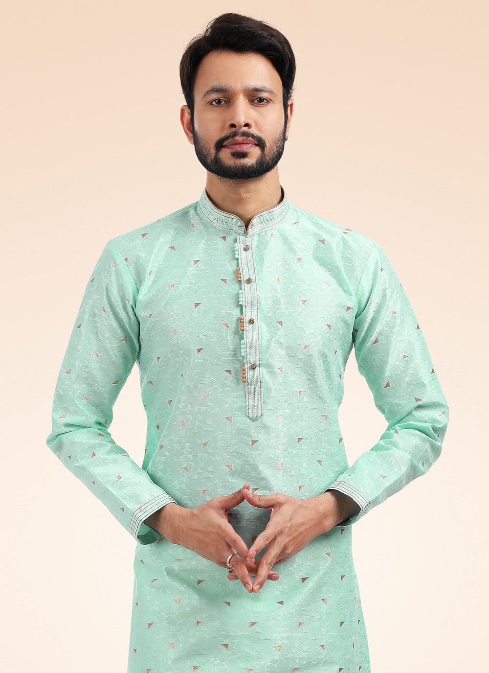 Fancy Work Banarasi Jacquard Green Kurta Pyjama - M4572